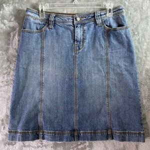 Cabi Womens Blue Denim A-Line Skirt Size 8 Midi Contrast Stitch Stretch